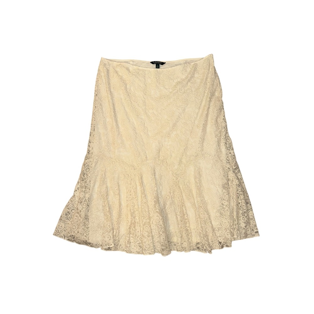 Lauren Ralph Lauren Skirt Womens 16 Cream Good Lace Ruffle Fit Flare Midi